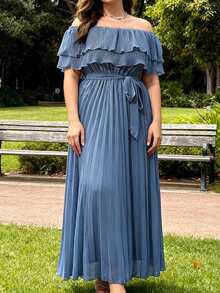 Women's Summer Plus Size Dress Short Sleeve Off Shoulder Solid Color Pleated Long Dresses With Belt - Blue - View 2