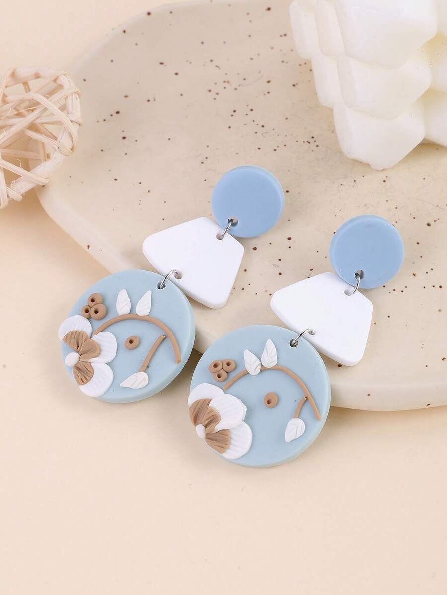 一对手工制作的3D逼真树脂花卉圆形吊坠耳环，自然乡村风格，适合度假、派对和送礼。 - 霧霾灰 - 查看 1