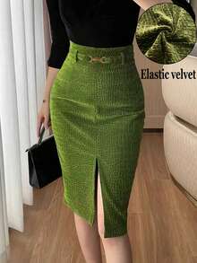 Women's Elegant Velvet Embossed Wrap Skirt, With Lining, High Waist Slit With Metal Buckle Fall - Olive Green - View 1