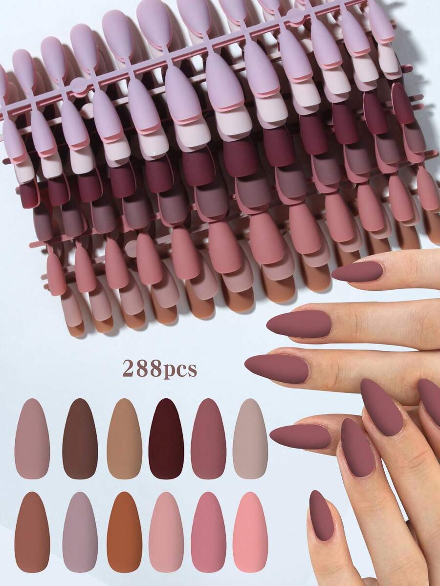 288pcs Matte (12 Colors) Long Almond Shaped Nail Stickers, Available In Brown, Light Brown, Camel And Khaki, Perfect Fit For Fake Nails, Long Almond Nail Stickers - Multicolor - View 1