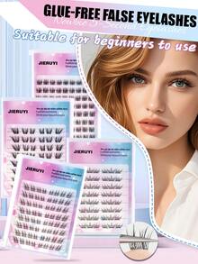 48/64/72 Cluster Self-Adhesive False Eyelash Cluster Fluffy Style, No Need For Glue Self-Adhesive DIY Eyelash Extension, Pre Adhesive False Eyelash Cluster Naturally Flowing Eyelash Extension, C Roll False Eyelash Cluster - Black - View 1