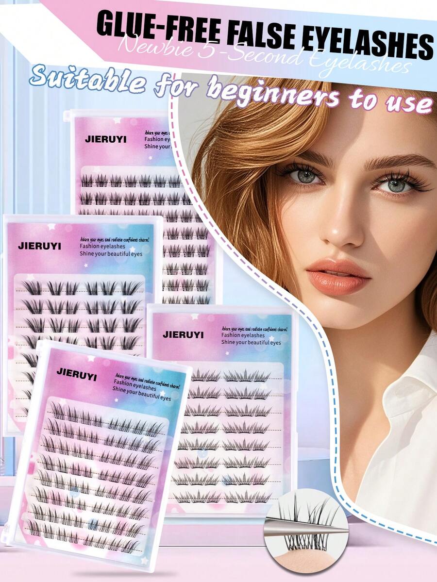 48/64/72 Cluster Self-Adhesive False Eyelash Cluster Fluffy Style, No Need For Glue Self-Adhesive DIY Eyelash Extension, Pre Adhesive False Eyelash Cluster Naturally Flowing Eyelash Extension, C Roll False Eyelash Cluster - Black - View 1