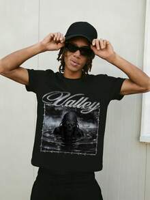 男士极简主义骷髅头图案印花圆领短袖T恤，夏季 - 黑色 - 查看 1