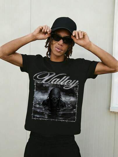 男士极简主义骷髅头图案印花圆领短袖T恤，夏季