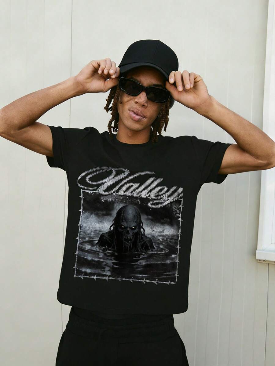 男士极简主义骷髅头图案印花圆领短袖T恤，夏季 - 黑色 - 查看 1