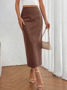 Women's New Fall Faux Leather Maxi Skirt, High Waist, Elegant Casual Pencil Maxi Skirt Slit Design New Years Valentine Vacation Skirt - màu nâu - Xem 3