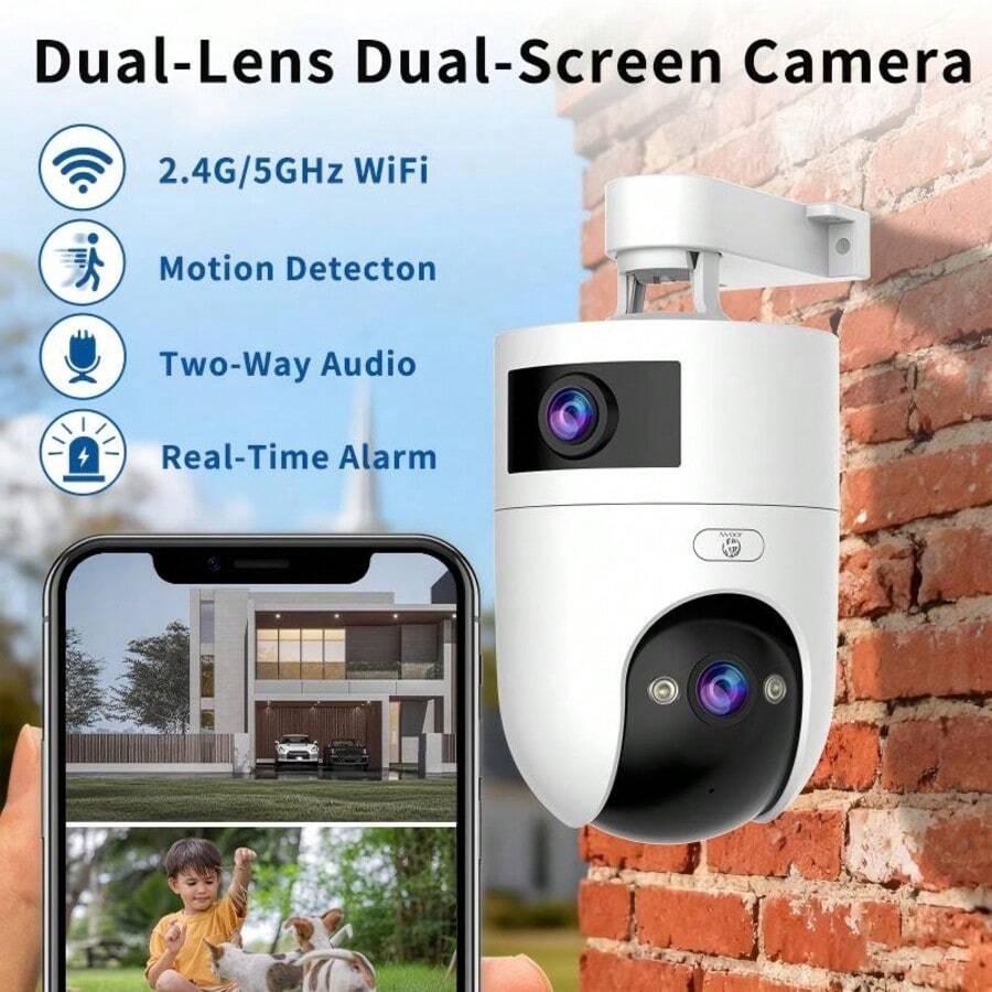 JOOAN Cámara de doméstica con WiFi 5G y doble cámara 1296P, detalles en Full HD, PTZ de 355°, cámara de monitoreo con doble lente y doble pantalla, detección de movimiento, visión nocturna a tres colores, audio bidireccional, resistente al agua IP66, cámara de monitoreo para niños/ancianos - En blanco y negro - Ver 1