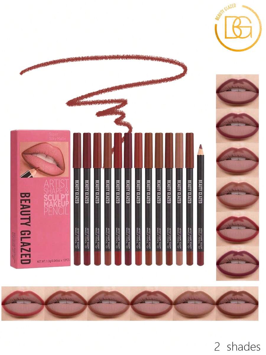beauty glazed 12支装哑光裸色唇线笔套装 - 防水持久唇线笔，防晕染唇线笔 - B組 - 查看 1