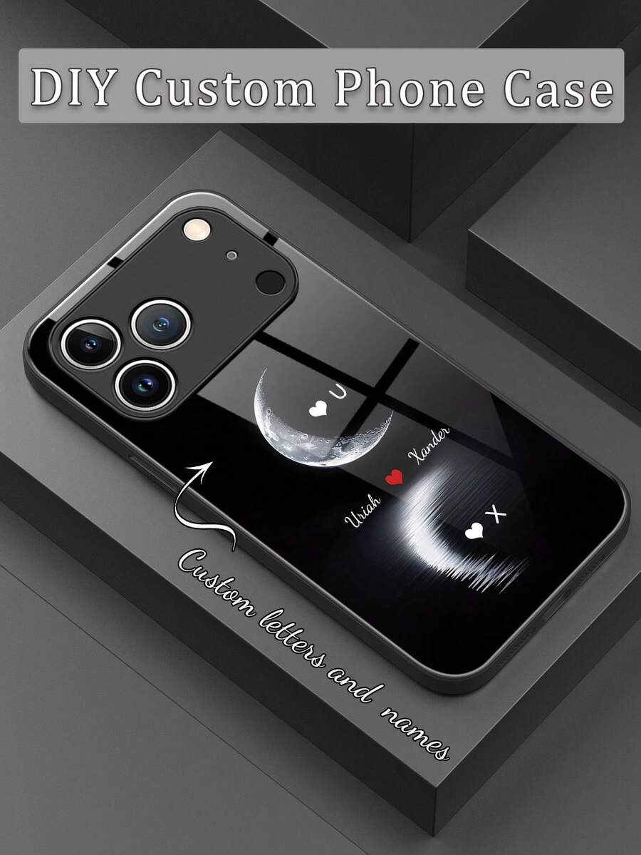 1pc Customized Name/Letter Phone Case, Moonlight Soundwave Pattern Liquid TPU Full-Wrap + Tempered Glass Material, Shock-Resistant & Scratch-Resistant Phone Cover Compatible With Apple 17 Pro Max/16 Pro Max/15 Pro/14 Plus/13 Pro/12 Pro Max/11/Xs Max/8/7/6 Plus, S24 Ultra/S25 Ultra, / Accessories - Black - View 1