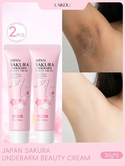  2 Peças Creme Clareador de Axilas Sakura LAIKOU, 30g Loção Corporal Hidratante e Clareadora, Creme Corporal Nutritivo, Creme Clareador para Mulheres, Cuidados com a Pele para Viagem