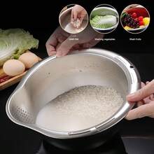不锈钢加厚斜底淘米盆，蔬菜清洗滤篮，厨房漏勺，学习用品，圣诞礼物 - 瀝水籃 - 查看 7