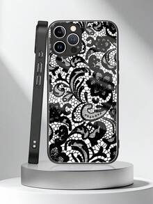 1个全印花优雅法式蕾丝图案钢化玻璃软手机壳，兼容 11/12/13/14/15/16/17 Pro Max - 彩色 - 查看 1