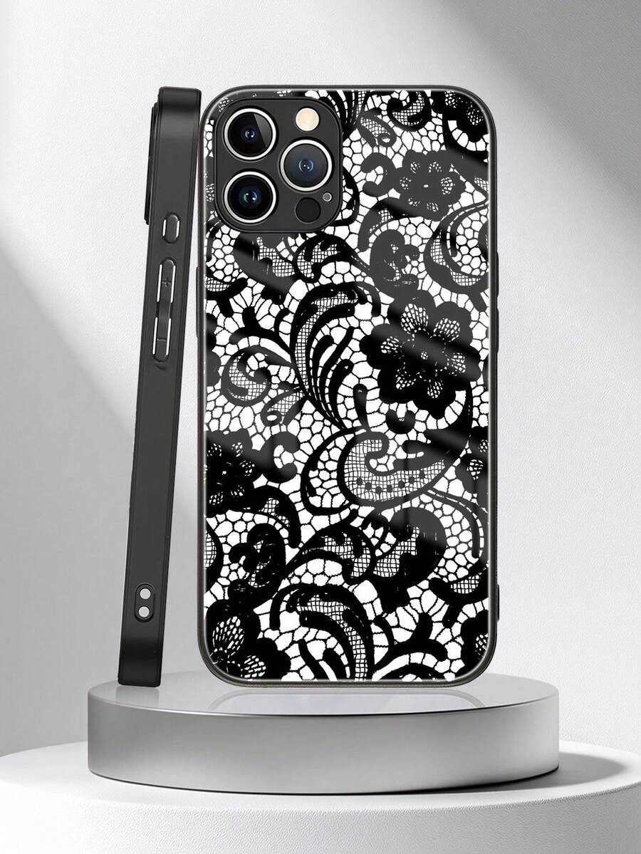 1个全印花优雅法式蕾丝图案钢化玻璃软手机壳，兼容 11/12/13/14/15/16/17 Pro Max - 彩色 - 查看 1