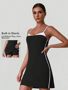Women's Contrast Color Adjustable Spaghetti Strap Yoga Tennis Sports Dress Built-In Tummy Control Shorts - Black - View 3