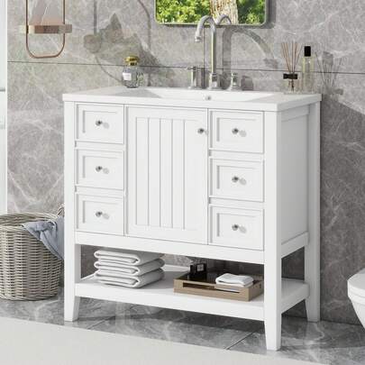 36" Bathroom Vanity With Sink Combo, Free Standing Wooden Bathroom Cabinet With Ceramic Sink, One Cabinet & Three Drawers (36 Inch(1 Door+3 Drawer+1 Shelves), White)