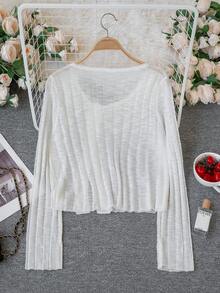 女士轻薄透视长袖短款罩衫，休闲薄针织透视罩衫 - 白色 - 查看 9