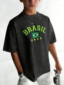 青少年男童印花短袖T恤，学生休闲夏季上衣 - 深灰色 - 查看 1