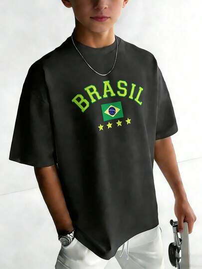 Tween Boys' Graphic Print Short Sleeve T-Shirt, Student Youth Casual Summer Top