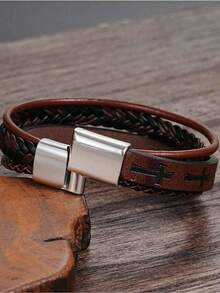 1pc Vintage Hip-Hop Leather Cross Bracelet Versatile For Men Suitable For Daily Wear Birthday Christmas Thanksgiving New Year Gifts - Brown - View 4