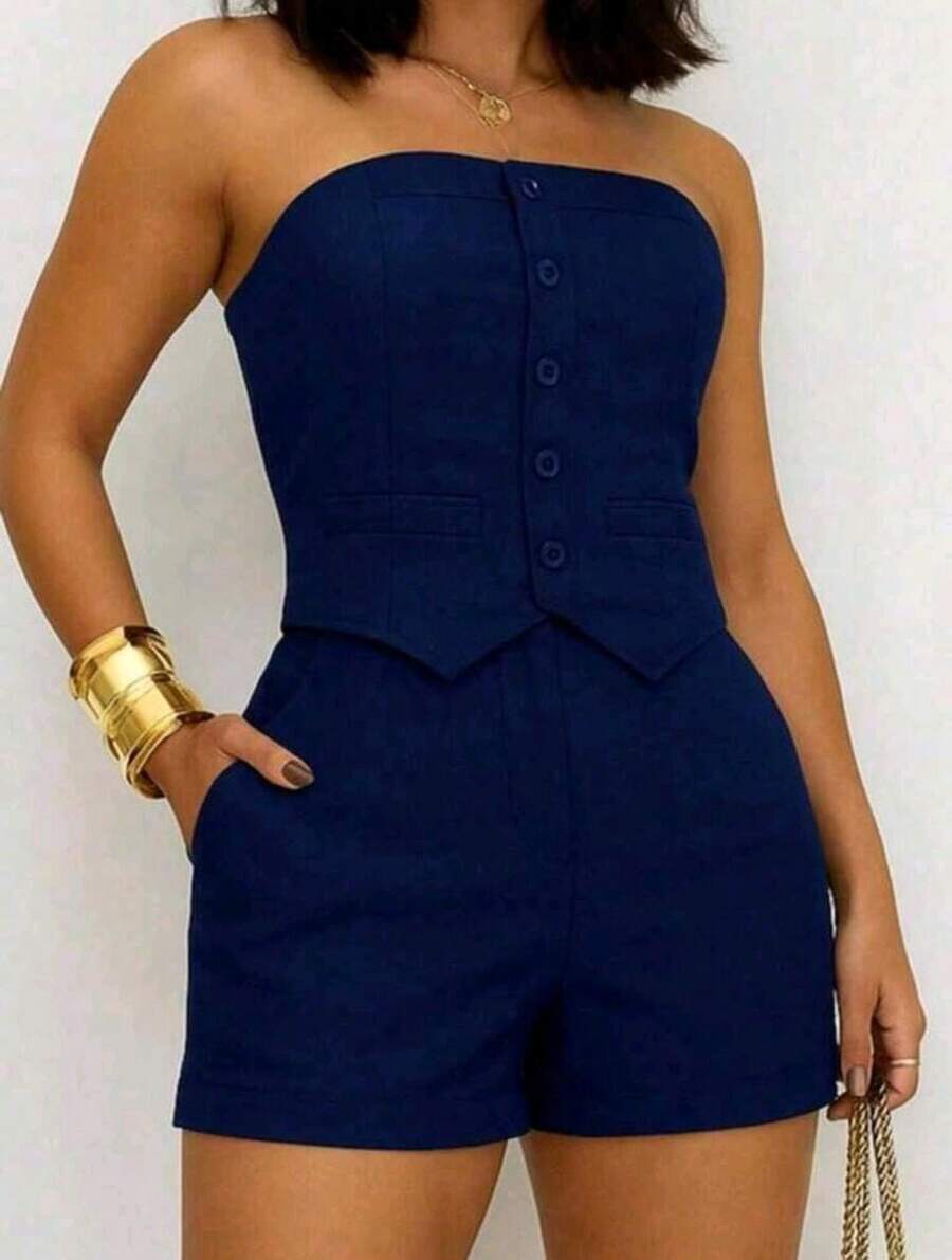 Women's Tailored Set: Dress Shorts And Strapless Top - 藏蓝色 - 查看 1