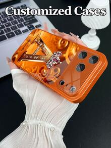 1pc Customizable Text & Letter Design Crown Rhinestone Decor Tempered Glass Phone Case, Compatible With IPhone 17 ProMax/17 Air/15/16 Pro/14 Plus/13 Pro/12 Pro Max/11, UV Printing, Tempered Glass Camera & Back Protection, Large Window Phone Protective Cover, Best Gift For Friends And Family - Orange - View 6