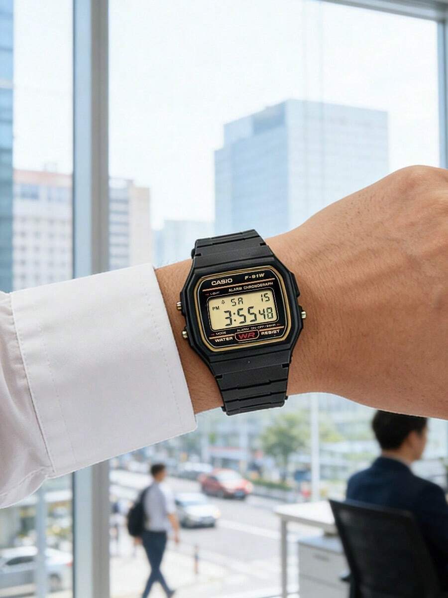 Casio 男女通用黑色金配色復古超薄輕量樹脂錶帶 LED 燈 碼錶 鬧鈴 日常防水 經典復古百搭石英電子錶 F-91WG-9 父親節禮物 - 橘色黑色 - 查看 1