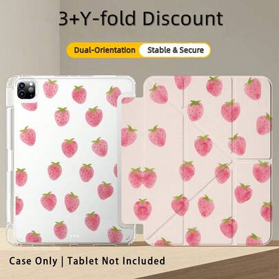 1pc 3+Y-Fold Tablet Case, Strawberry Pattern, Multiple Support Methods, Compatible With Huawei MatePad SE 11", MatePad 11 Inch, MatePad Pro 12.2 2024, Honor Pad X9A 2025, Honor Pad 9, Honor Pad X9 Pro 2025, Pad 6, Pad SE 11", Pad 2 Pro 12", Pad 2 11", Galaxy