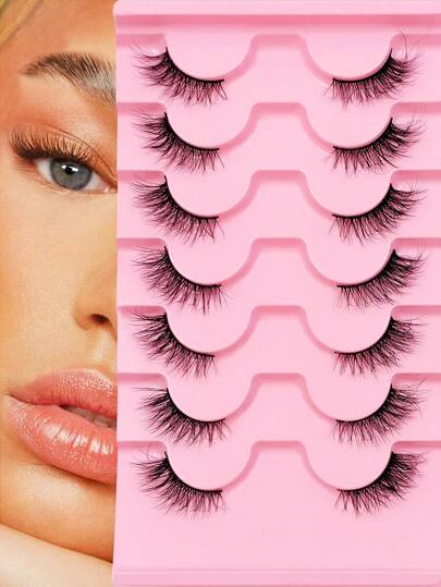 Rikuaild 7 pares de pestañas postizas de cola de gato alargadas de media longitud, de estilo de ojos de gato, de mink falso, adecuadas para Eid, fiestas, bodas, damas de honor, viajes, vacaciones, playa y maquillaje de mar