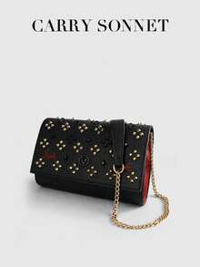 Black Rivet Embellished Evening Clutch Bag With Chain Strap Red Accent Envelope Style Women's Shoulder Bag, Suitable For Party And Wedding, Women's Handbag, Women's Gift - 彩色 - 查看 7