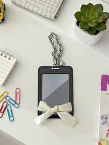 INS Style Pearl Bow Black Acrylic Hard Card Holder, Fashion Faux Pearl Black Mesh Bow Keychain With Black Clip, Fashion Phone Case Pearl Pendant, Minimalist Bow Design, Sliding Double Card Slot, Pearl Bow Keychain, Small Card Holder, Bus Card Holder, Seamless, Bank Card Holder, Metro Card Storage, Portable Hanging, Adjustable ID Card Holder Pendant Keychain, Suitable For Office Workers And Students, Perfect Gift, Mother's Day, Easter, Independence Day, Back To School, Wedding - Multicolor - View 3