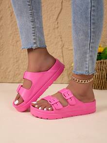 新款时尚厚底增高EVA防滑通勤稳定柔软舒适轻便女式凉鞋，可调节双绑带，高端沙滩派对度假休闲减震拖鞋 - 玫紅色 - 查看 11