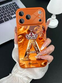 1pc Customizable Text & Letter Design Crown Rhinestone Decor Tempered Glass Phone Case, Compatible With IPhone 17 ProMax/17 Air/15/16 Pro/14 Plus/13 Pro/12 Pro Max/11, UV Printing, Tempered Glass Camera & Back Protection, Large Window Phone Protective Cover, Best Gift For Friends And Family - Orange - View 4