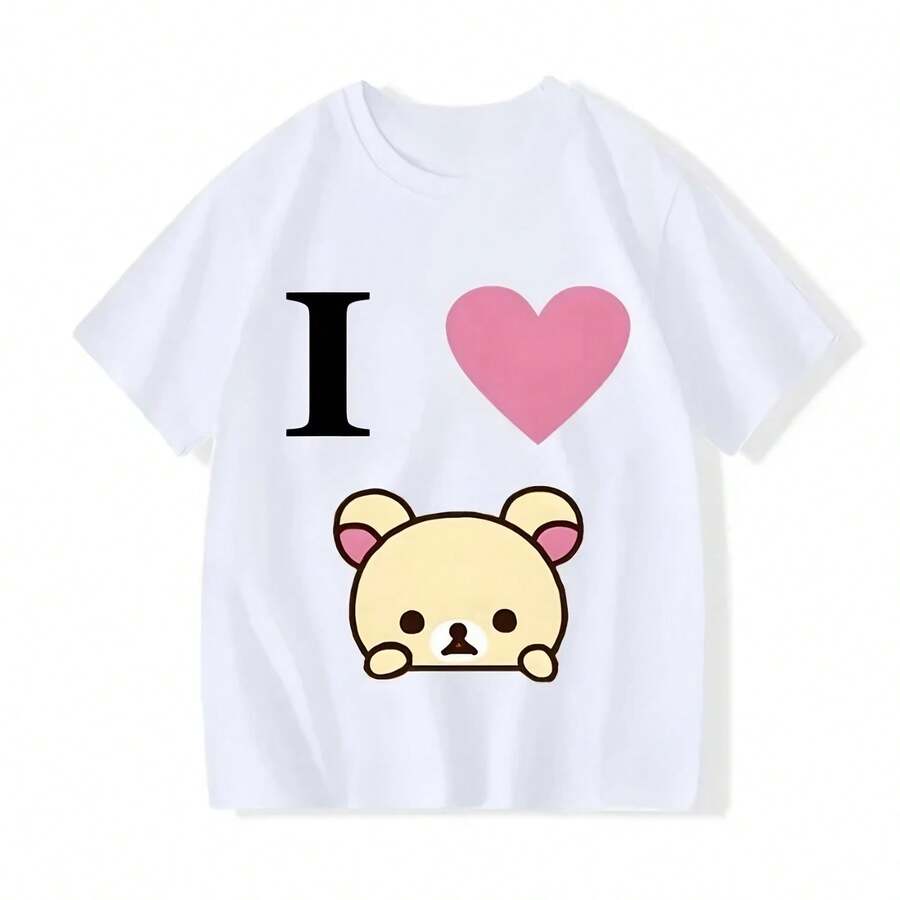 Cute L Love Rilakkuma Painting T-Shirt Girls Clothing Cartoon Short Sleeves Sports Fashion Streetwear Manga Comic Tee-Shirt - 白色 - 查看 1