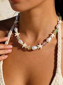 1 pieza Collar de clavícula con estrella de mar de perlas falsas hecho a mano de estilo de moda, con piedras de colores, joyería de playa para uso diario y vacaciones, regalo - Multicolor - Ver 7