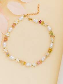 1 pieza Collar de clavícula con estrella de mar de perlas falsas hecho a mano de estilo de moda, con piedras de colores, joyería de playa para uso diario y vacaciones, regalo - Multicolor - Ver 5