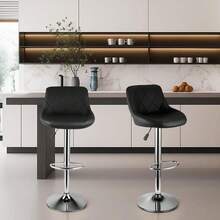 Set Of 3 Modern Bar Stools | Leatherette Adjustable Swivel Gas Lift Breakfast Chairs For Kitchen Island, Counter & Home - Black - View 3