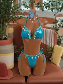 Sultry Sol Women's Summer Solid Shiny Fabric Shell & Starfish Random Quantity Decor Side Tie Pants, Triangle Halter Bikini Set - Blue - View 8