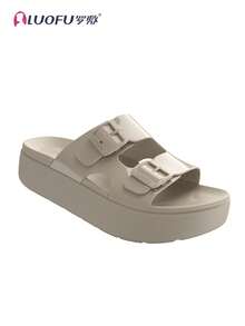 LUOFU New Spring Women's Double-Buckle Slippers, High Heel Thick Sole Shoes, Solid Color Thick Bottom Sandals, Outdoor Ladies Date Casual Beach Party Summer Slippers, EVA Non-Slip Wedge Sandals - 卡其色 - 查看 11