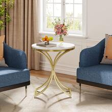 LITTLE TREE Round End Table With Gold Metal Legs,23.6-Inch Modern Faux Marble Side Table, Small Nightstand,Small Coffee Table For Living Room Bedroom Small Space, White Gold - 白色和金色 - 查看 9