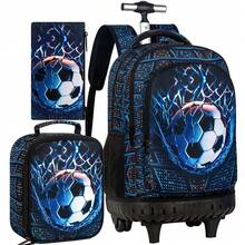 3PCS Soccer Rolling Backpack For Boys, Kids School Backpacks With Wheels, Roller Wheeled Bookbag Set With Lunch Box - Black - View 1