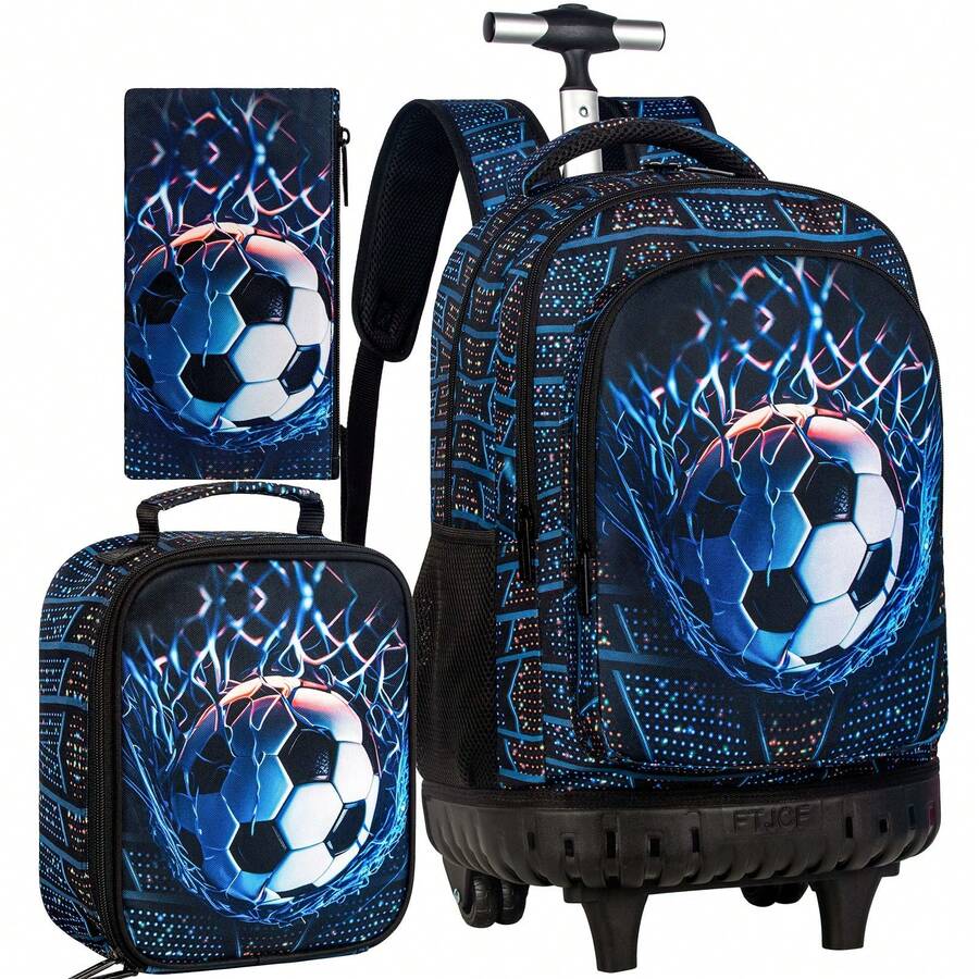 3PCS Soccer Rolling Backpack For Boys, Kids School Backpacks With Wheels, Roller Wheeled Bookbag Set With Lunch Box - Black - View 1