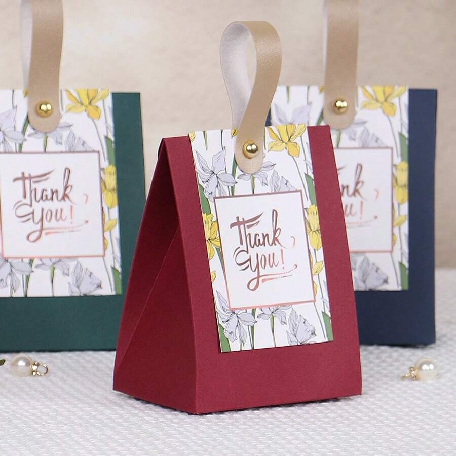20Pcs Floral Thank You Gift Boxes With PU Handle Dark Green Paper Candy Favor Box For Wedding Birthday Holiday Guest Return Gift Packaging - Large Stand Box - View 1