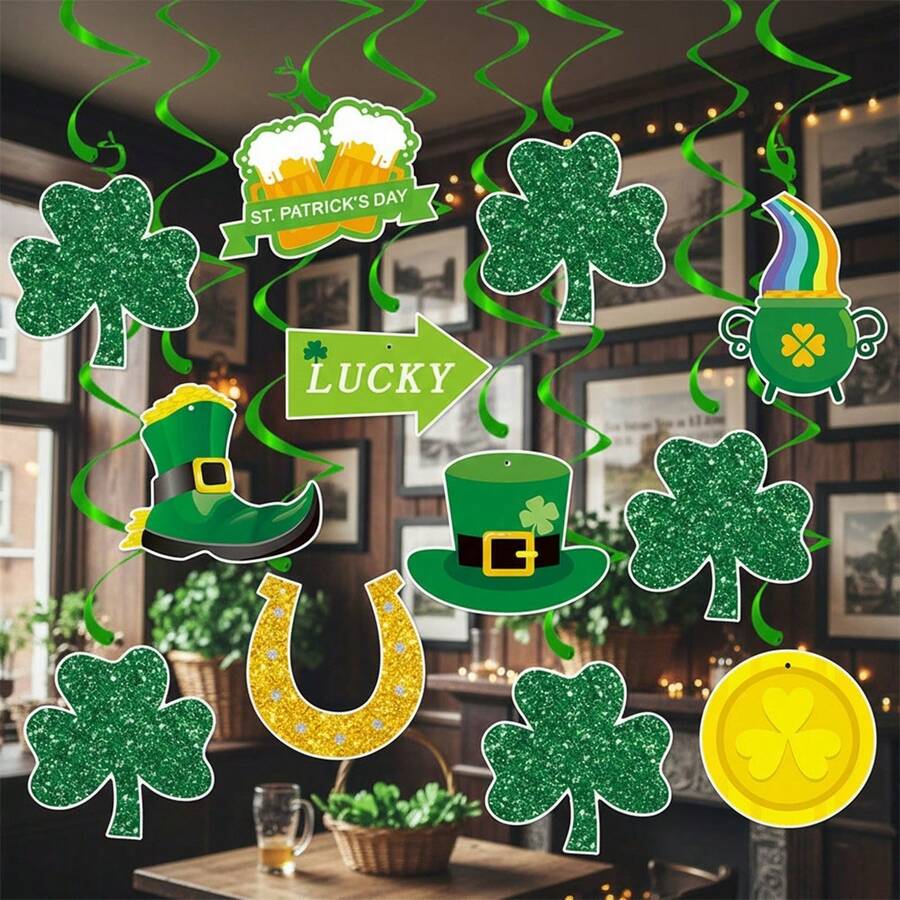 12 Pcs Irish Festival Hanging Swirl Decorations Creative Letter Shamrock Hat Pattern Ceiling Spiral Streamers For Party Home - Army Green - View 1