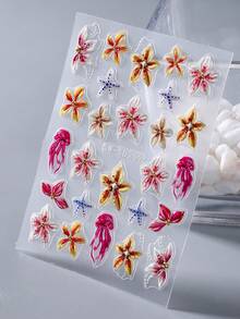 2pcs/Set Summer Ocean Style 5D Embossed Hibiscus Stickers, Shell & Jellyfish Pattern Self-Adhesive Nail Art Decorations, Women Manicure Supplies - Multicolor - View 9