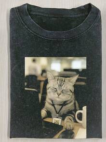 230g Washed Cat Print T-Shirt That Loves Smoking, High-Quality Wax Printed Cotton Retro Fashion Brand T-Shirt, Men's T-Shirt, Beach Must-Have, Men's Summer T-Shirt, Holiday Gift, Perfect Gift,,Graphic Tees,Vintage T Shirts,100 Percent Cotton,Camisetas Para Hombre,,Men Vacation Outfits,Summer Vacation Outfits - 黑色 - 查看 1