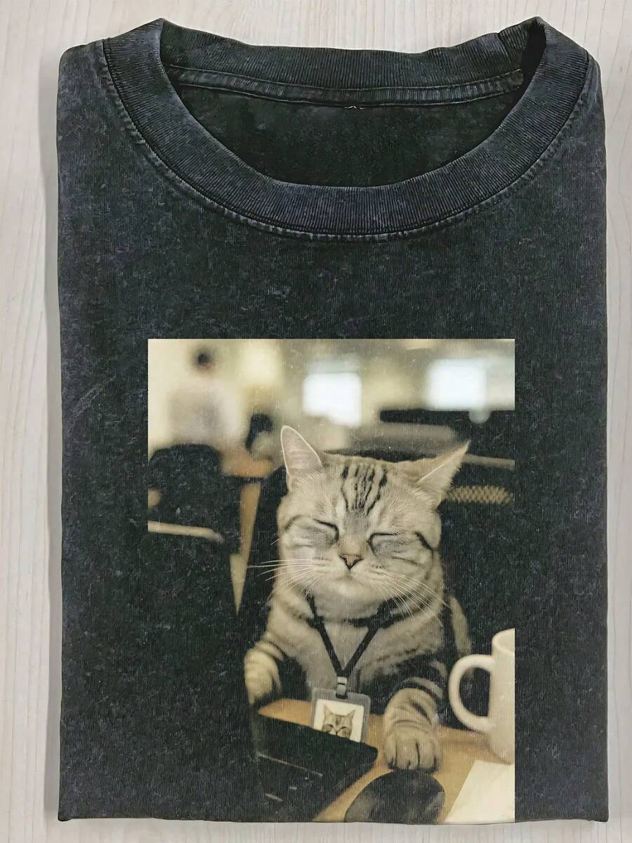 230g Washed Cat Print T-Shirt That Loves Smoking, High-Quality Wax Printed Cotton Retro Fashion Brand T-Shirt, Men's T-Shirt, Beach Must-Have, Men's Summer T-Shirt, Holiday Gift, Perfect Gift,,Graphic Tees,Vintage T Shirts,100 Percent Cotton,Camisetas Para Hombre,,Men Vacation Outfits,Summer Vacation Outfits - 黑色 - 查看 1