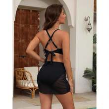 Women's Halter Bikini- Black Plunge Swimsuit With Mesh& Ruched Skirt - XL -Hardware, Adjustable Straps, Two Piece Bathing Suit - 多色743 - 查看 4