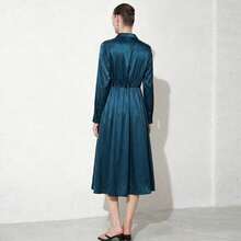 Vestido largo de manga larga color sólido estilo A línea elegante para otoño inspirado en la moda europea y americana para mujer - Azul (sin cinturón) (talla europea) - Ver 2