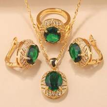 4件套925纯银/18K镀金时尚婚庆首饰套装，包含彩色立方氧化锆耳环、吊坠和戒指，是新娘配饰、圣诞节、感恩节、生日礼物的理想之选，适合女性佩戴。 - 綠色 2 - 查看 11
