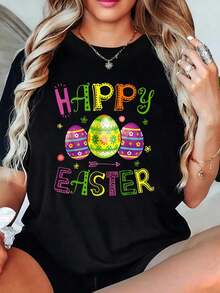 Happy Easter Day Egg Easter T-Shirt, Boys Girls Easter T Shirt Egg Easter Day T-Shirt Women's Round Neck Short Sleeve T-Shirt Fashion Graphic Tees Women Top - Black - View 6